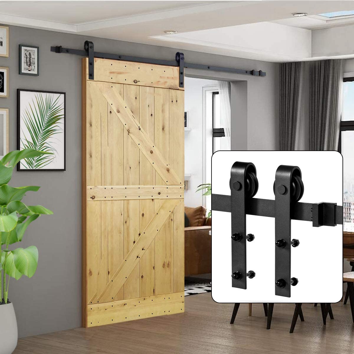 8ft Classic Barn Door Hardware Single Door Hardware Kit, J Shape