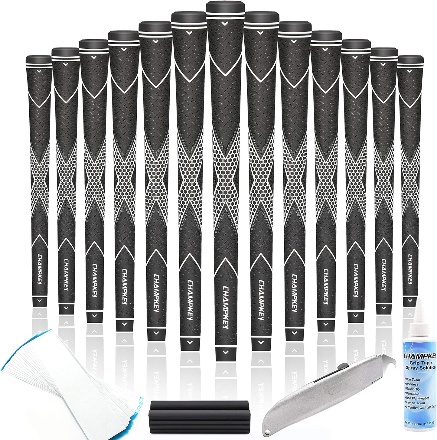 CHAMPKEY Premium Rubber Golf Grips 13 Pack | High Traction and Feedback Rubber Golf Club Grips | Choose Between 13 Grips with 15 Tapse and 13 Grips with All Kits