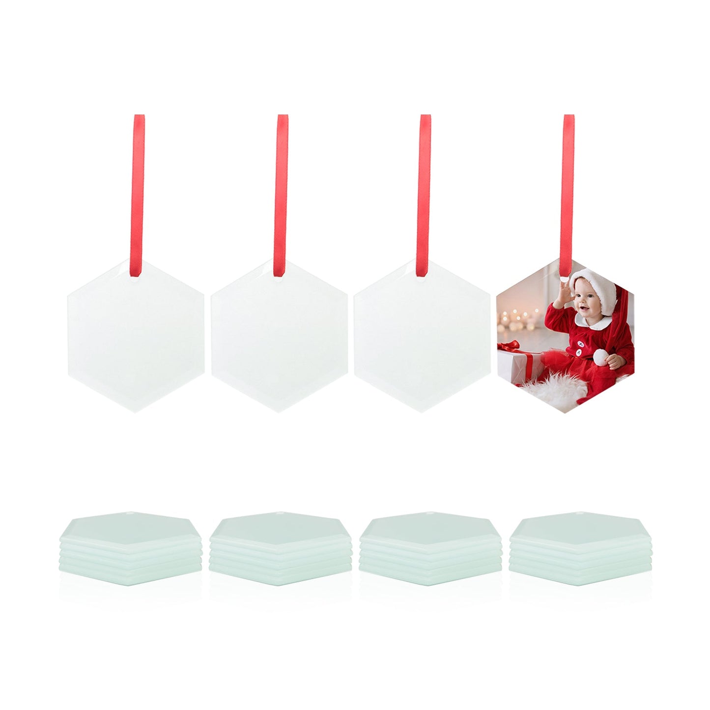 Wholesale Sublimation Glass Ornament with Red Ribbon 3 Inch Hexagon 48 PCS