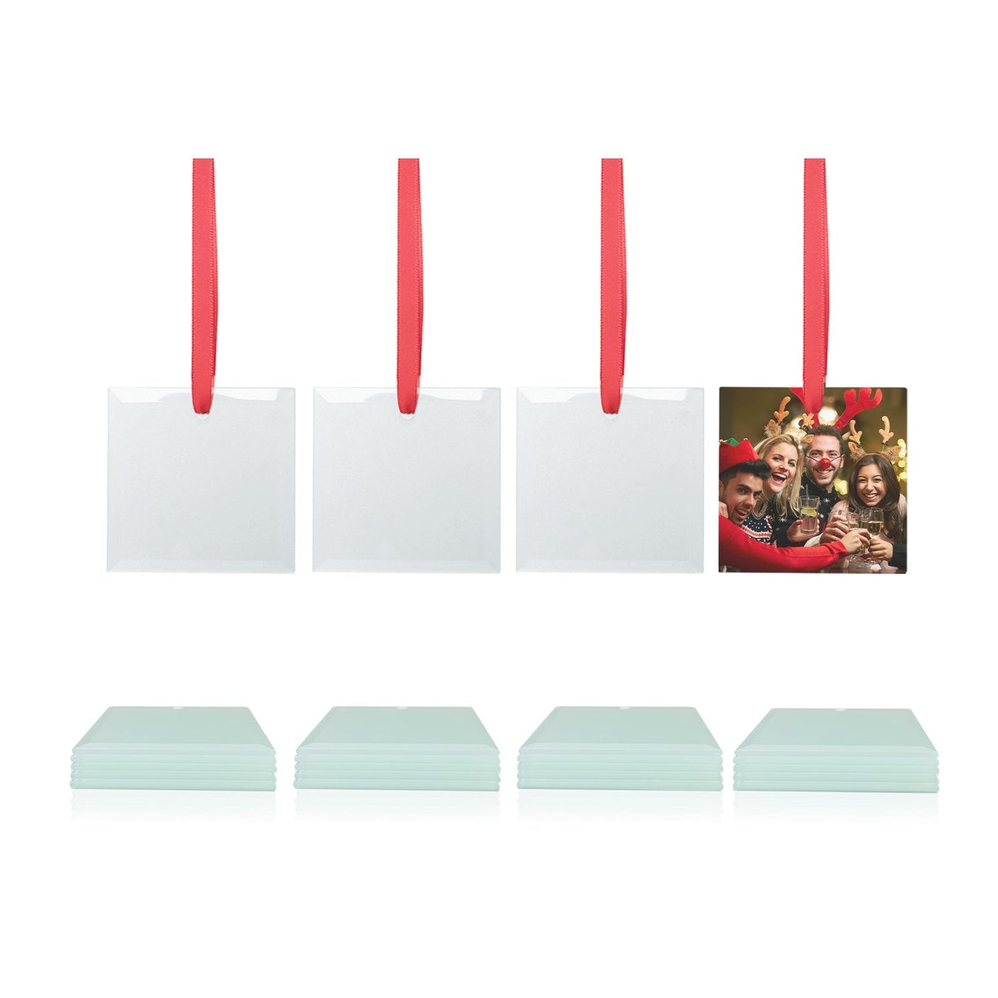 Wholesale Sublimation Glass Ornament with Red Ribbon 3 Inch Square 48 PCS