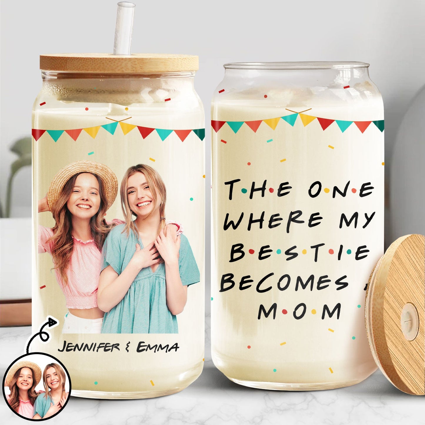 Custom Photo Becomes A Mom - Gift For Besties Who Become Mother - Personalized Clear Glass Can