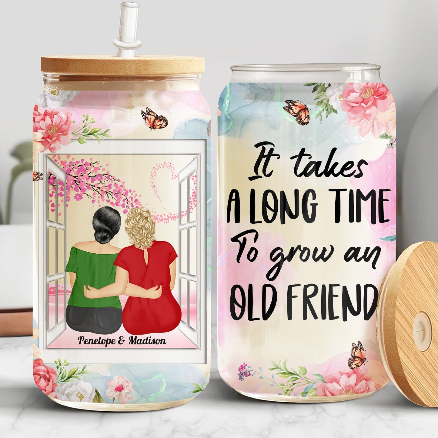 It Takes A Long Time To Grow An Old Friend - Gift For Besties - Personalized Clear Glass Can
