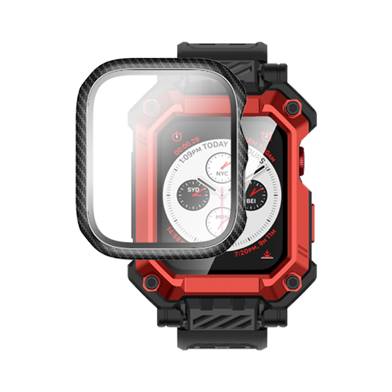 Apple Watch Unicorn Beetle PRO GLASS Rugged Wristband Case with Tempered Glass Screen Protector 45mm-Metallic Red