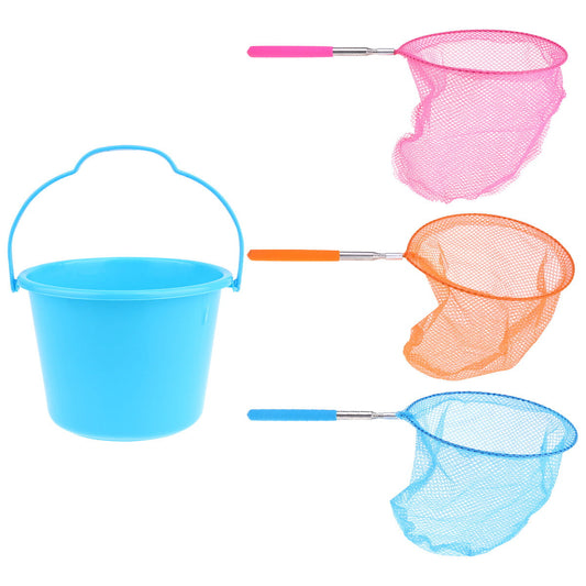4 Pcs Colored Telescopic Nets Fishing Nets Insect Catching Nets for Kids Playing Catching Insects Bugs (3 Pcs Telescopic Nets,1 Pc Plastic Bucket)