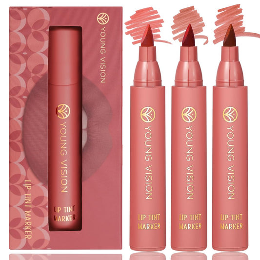 YOUNG VISION Lip Tint Marker 3 PCS Set, Lightweight Lip Stain, Liquid lipstick with Nude Matte Shades, Lip Liner and Stick 2-in-1, Long Wearing and Waterproof, SET A