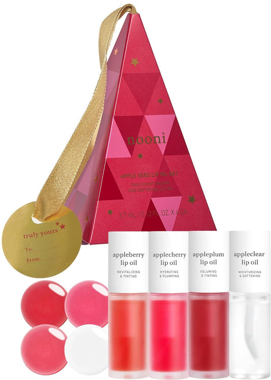 NOONI Korean Lip Oil - Gift Set with Gift Box and Card | with Apple Seed Oil, Lip Stain, Long-Lasting, Moisturizing, Plumping, Glowing, Revitalizing, and Tinting for Dry Lips, 0.12 Fl Oz. (Set of 4)