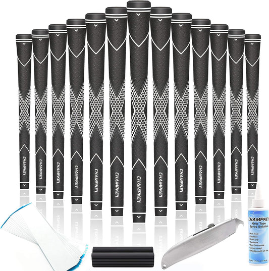CHAMPKEY Premium Rubber Golf Grips 13 Pack | High Traction and Feedback Rubber Golf Club Grips | Choose Between 13 Grips with 15 Tapse and 13 Grips with All Kits