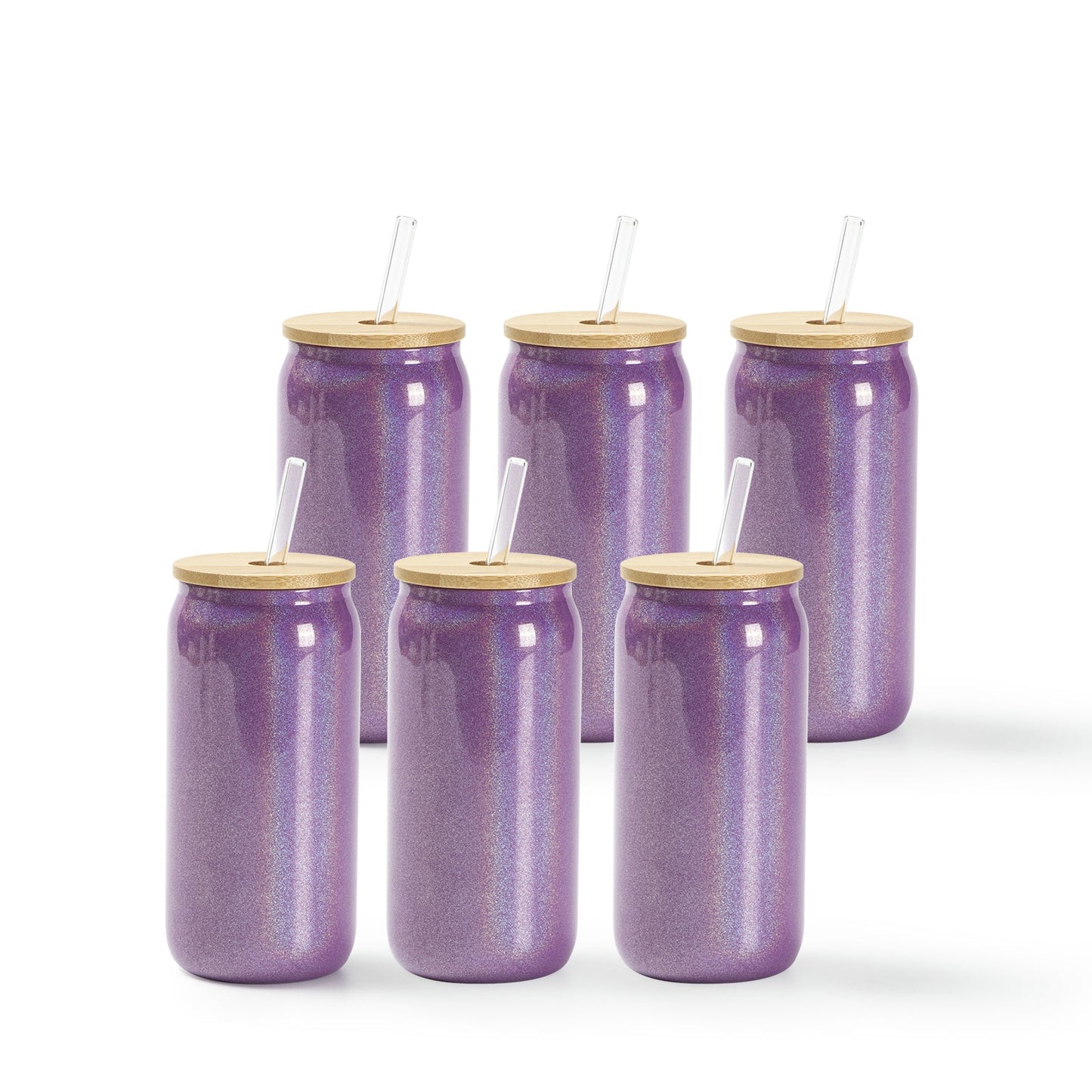 Sublimation Iridescent Glass Can Tumbler Glitter Color with Bamboo Lid and Glass Straw 18 OZ 6 Pack
