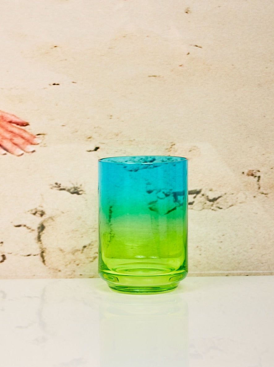 A single Ibiza gradient glass of blue to lime green gradient.