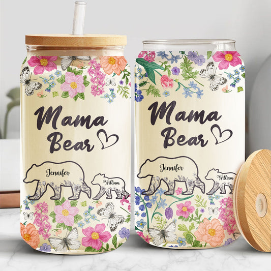 Floral Mama Bear - Gift For Mother - Personalized Clear Glass Can