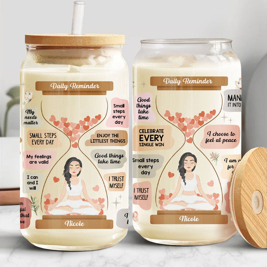 Yoga Daily Reminders Manifest It - Affirmation Gift For Yourself, Gift For Women And Men - Personalized Clear Glass Can