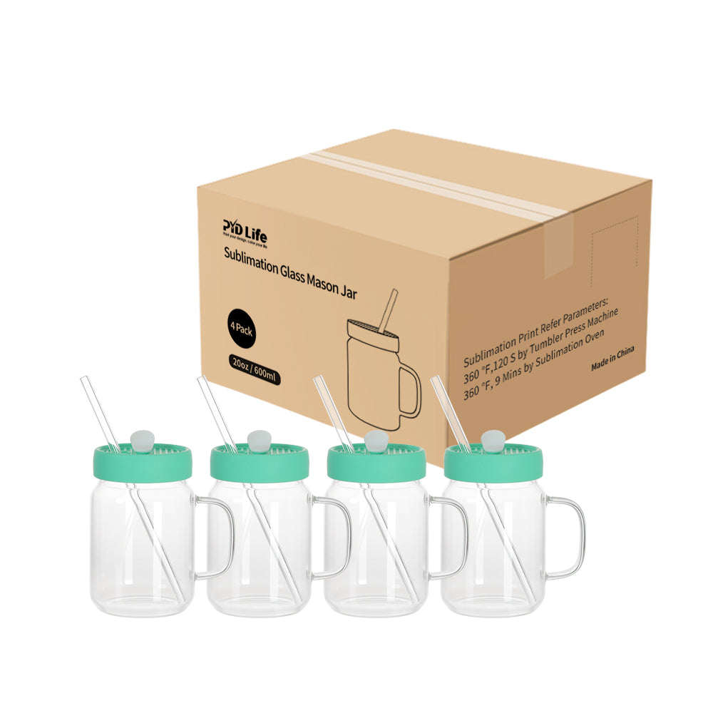 Sublimation Glass Mason Jar Frosted White or Clear with Handle, Mint Green Silicone Lid and Glass Straw 20 OZ 4 Pack