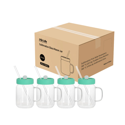 Sublimation Glass Mason Jar Frosted White or Clear with Handle, Mint Green Silicone Lid and Glass Straw 20 OZ 4 Pack