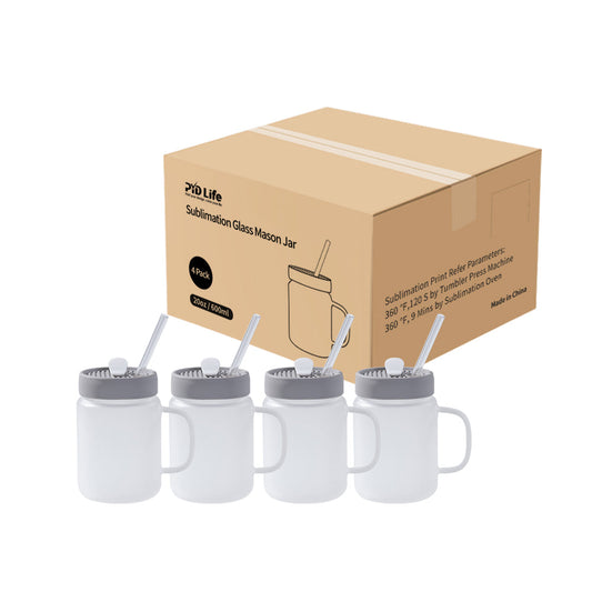 Sublimation Glass Mason Jar Frosted White or Clear with Handle, Gray Silicone Lid and Glass Straw  20 OZ 4 Pack