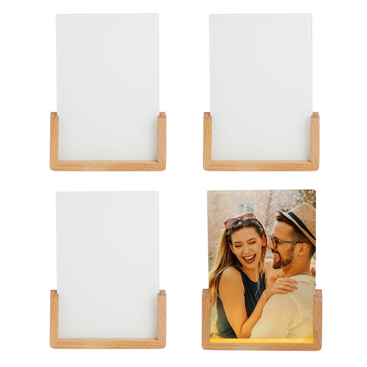 4 Pack Sublimation Night Lights Blanks LED Glass Photo Frames Panels White with Warm Light,with Wood Stand ( 3 Options)