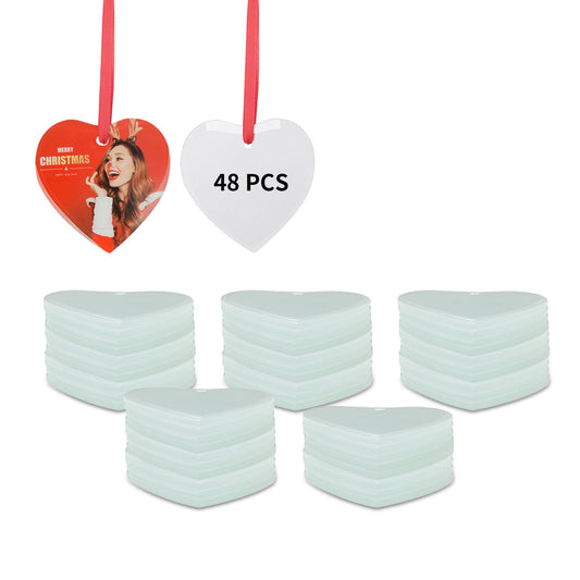 Wholesale Sublimation Glass Ornament with Red Ribbon 3 Inch Heart 48 Pieces