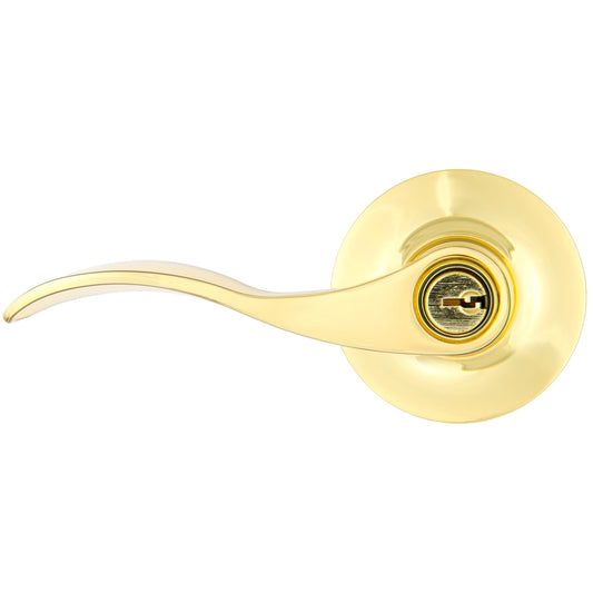 Keyed Entry Door Knob Wave Lever Anti-pry Shield, Polished Brass