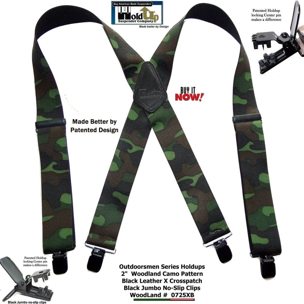 Holdup Brand Woodland Camouflage Pattern Hunting Suspenders with Black USA Patented No-Slip Clips