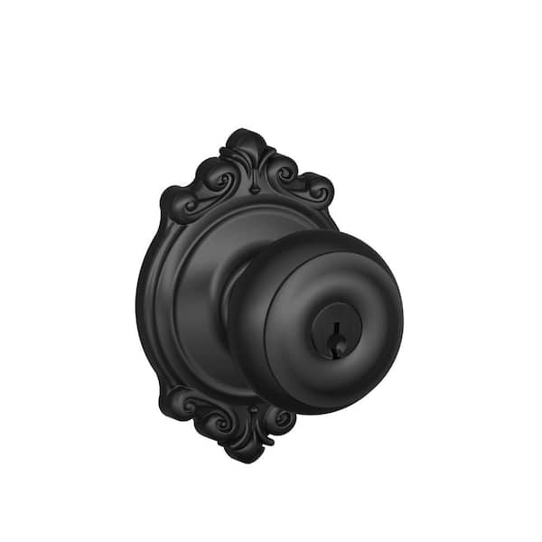 Keyed Entry Door Knob Georgian Matte Black For Exterior Doors W/ Brookshire Trim