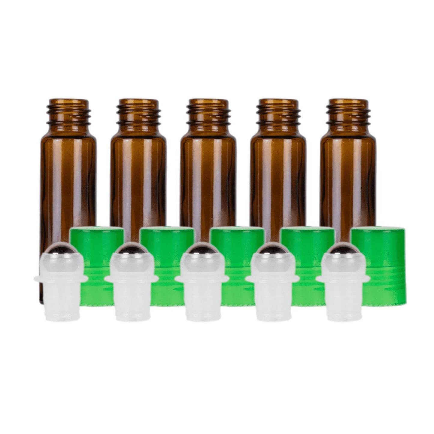 10 ml Amber Glass Roller Bottles (Pack of 5) Glass Roller Bottles Your Oil Tools Green Stainless
