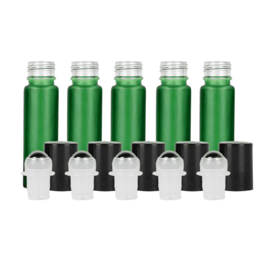 10 ml Green Frosted Glass Roller Bottles (Pack of 5) Glass Roller Bottles Your Oil Tools Black Stainless